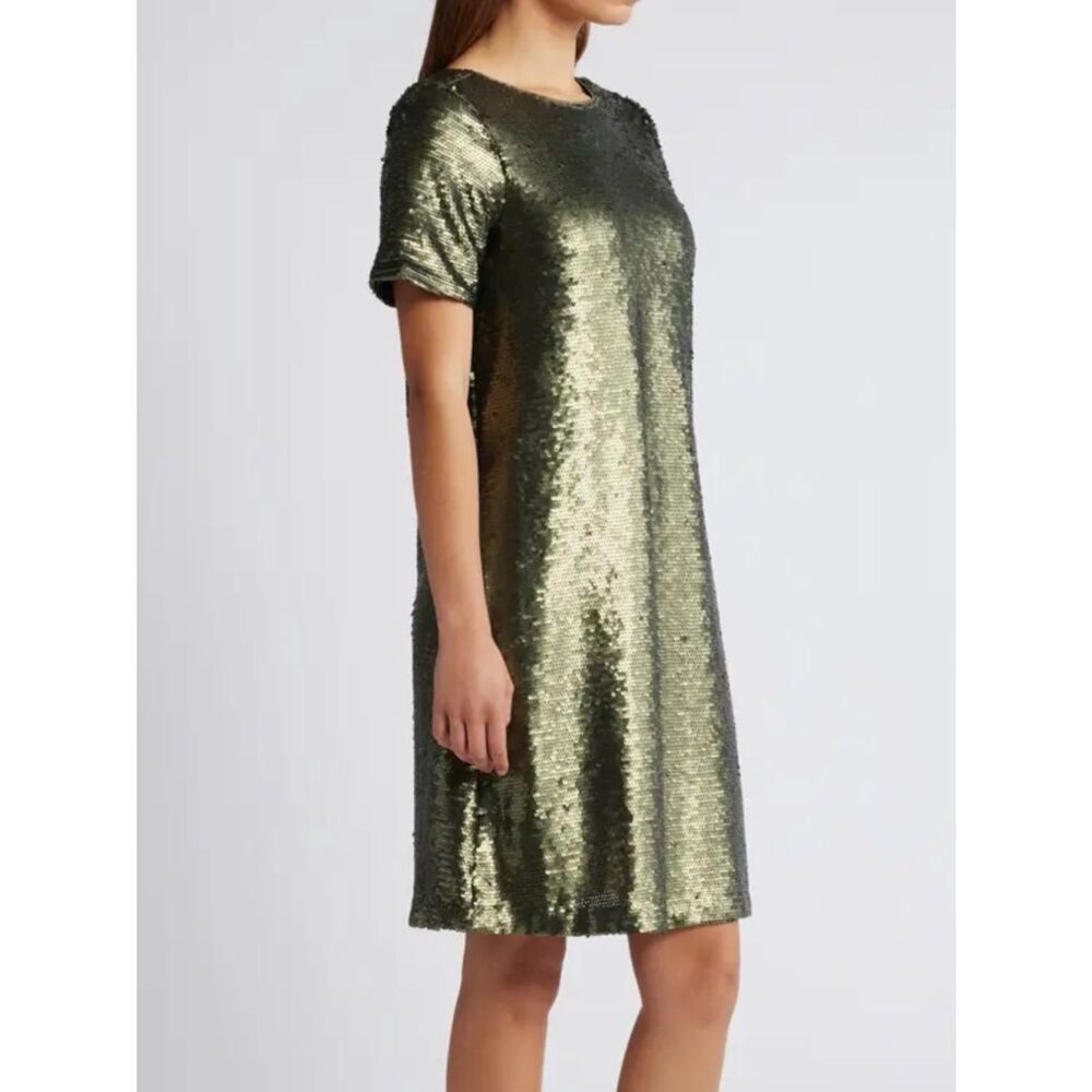 Anne Klein Sequin T-Shirt Dress Olive Green Short Sleeve Shift Dress 8 NWT